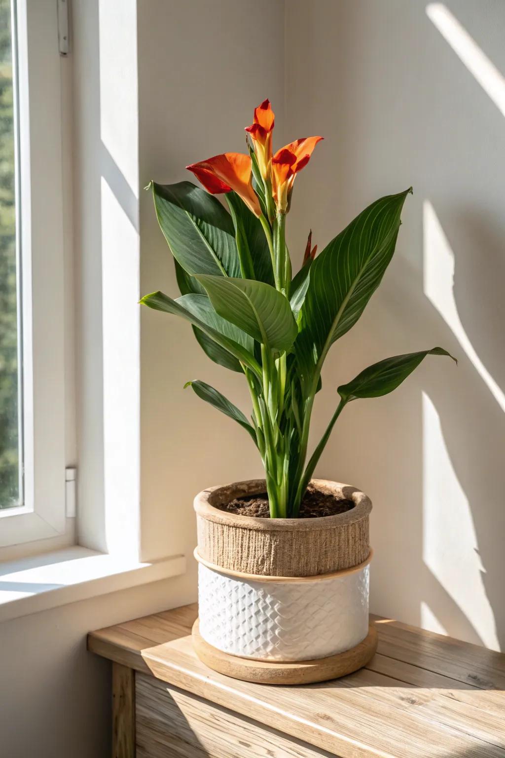 Embrace tropical elegance indoors with a stunning canna lily in a chic Scandinavian-Boho pot.