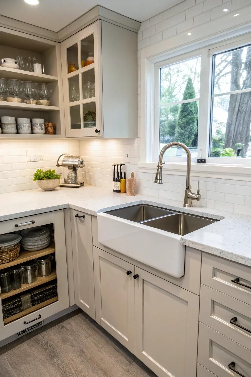 A corner sink placed in a hidden nook, keeping the kitchen space organized and tidy.