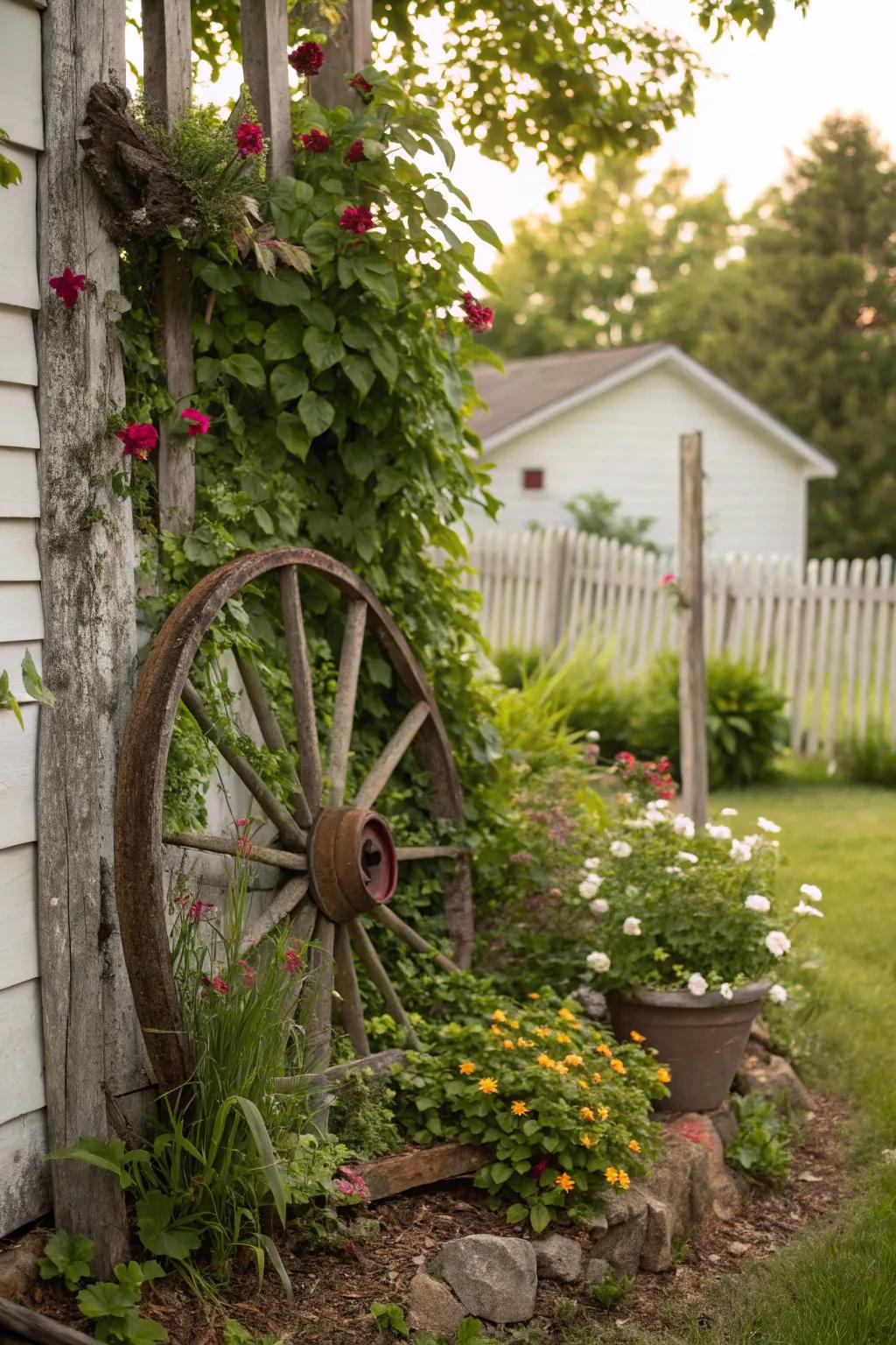 Rustic wheel art adds character to any garden corner.
