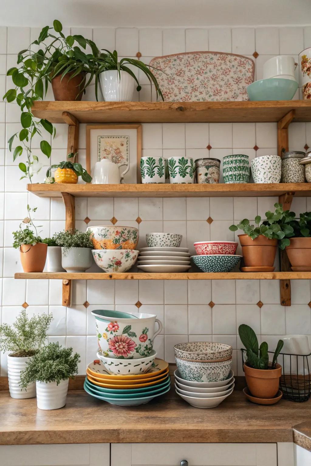 Open shelving that combines functionality with aesthetic charm.