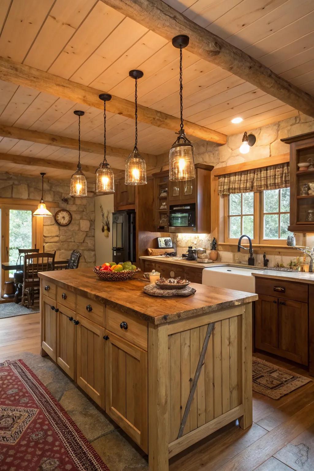 Warm overhead lights illuminate this inviting cooking area.
