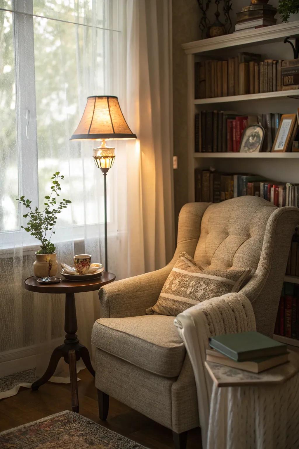 The perfect reading nook invites relaxation in the cottage living room.
