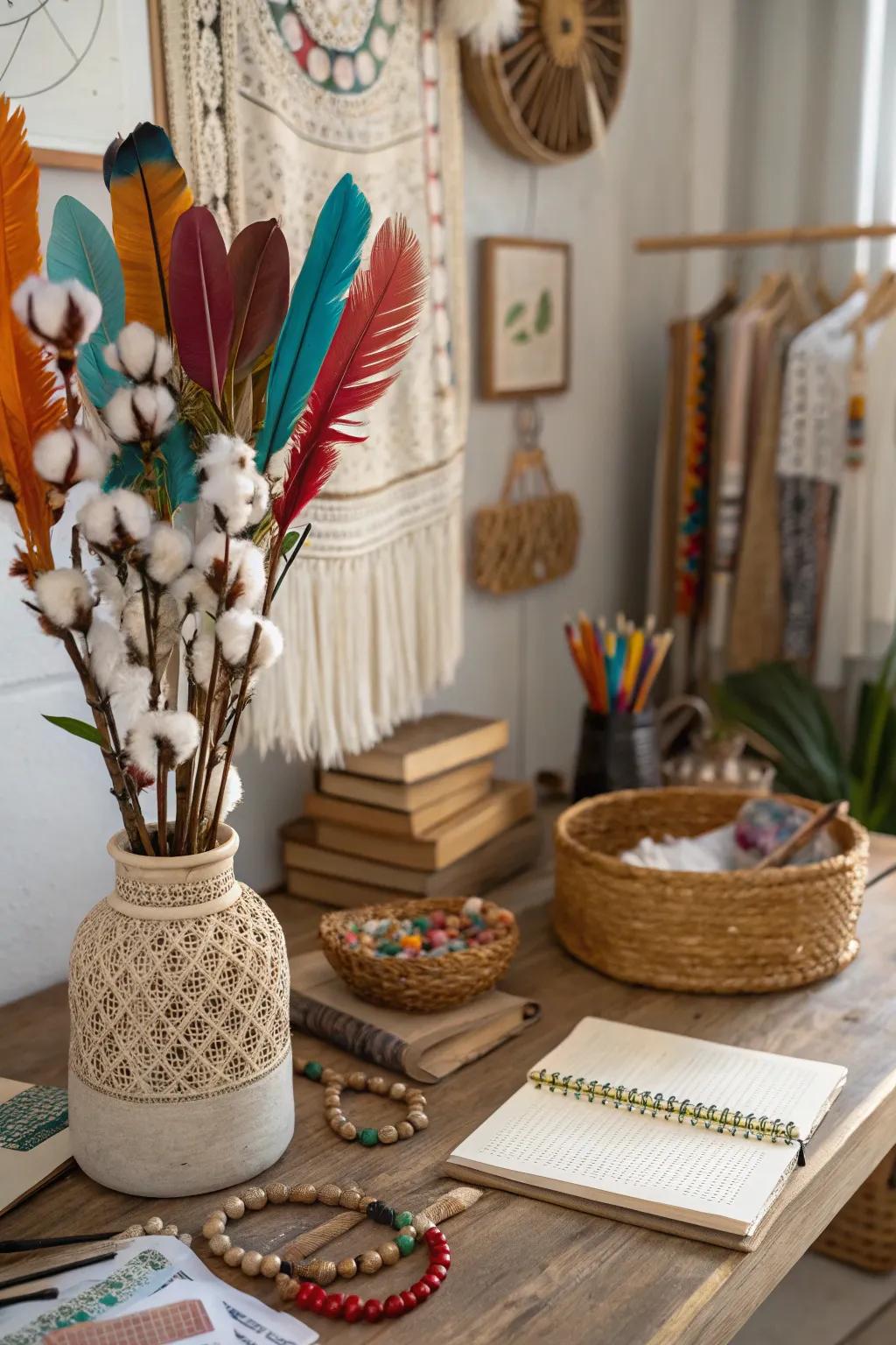 Boho chic with cotton stems and colorful accents.