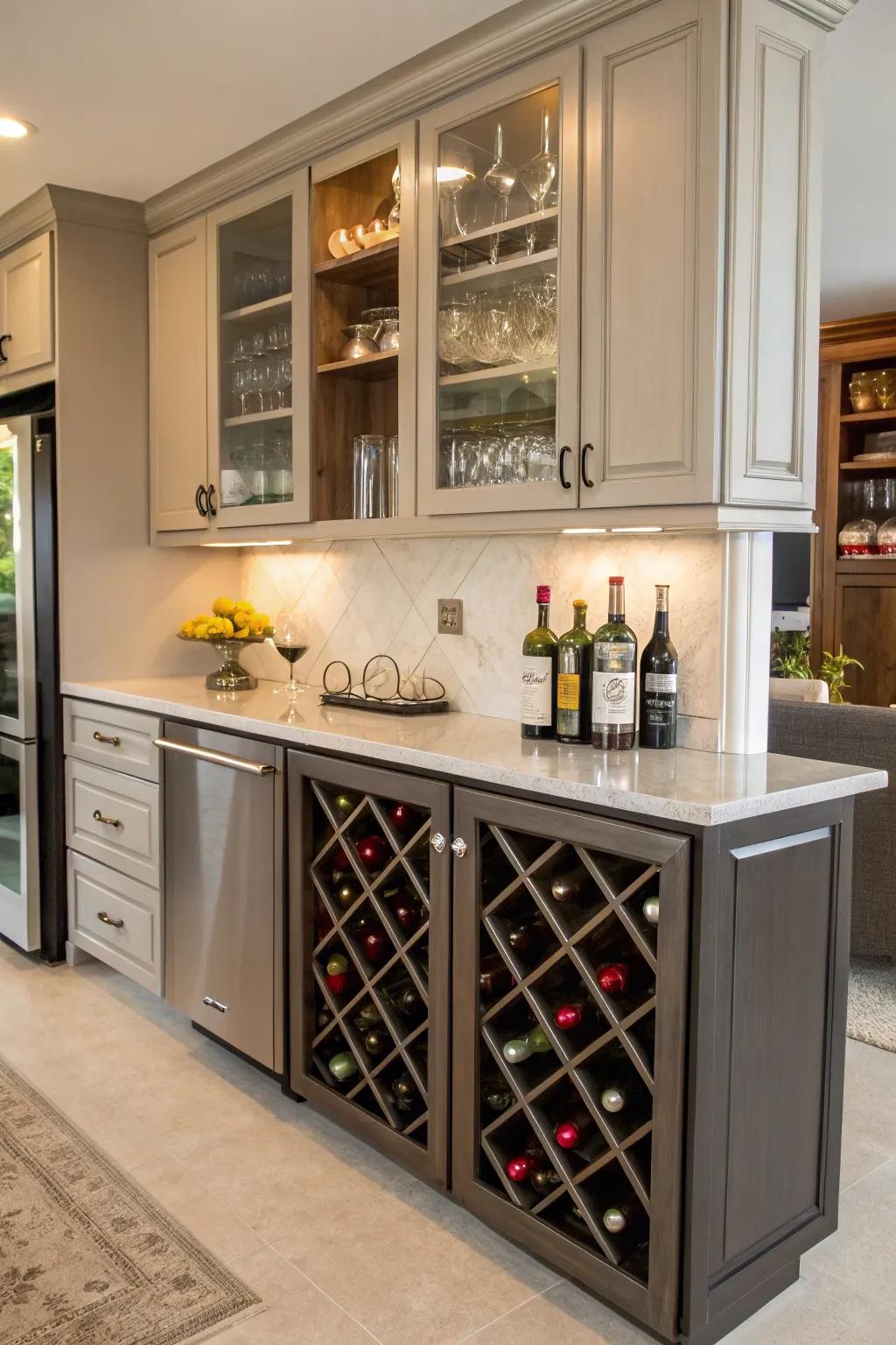 A countertop bar with built-in cabinets and wine racks.