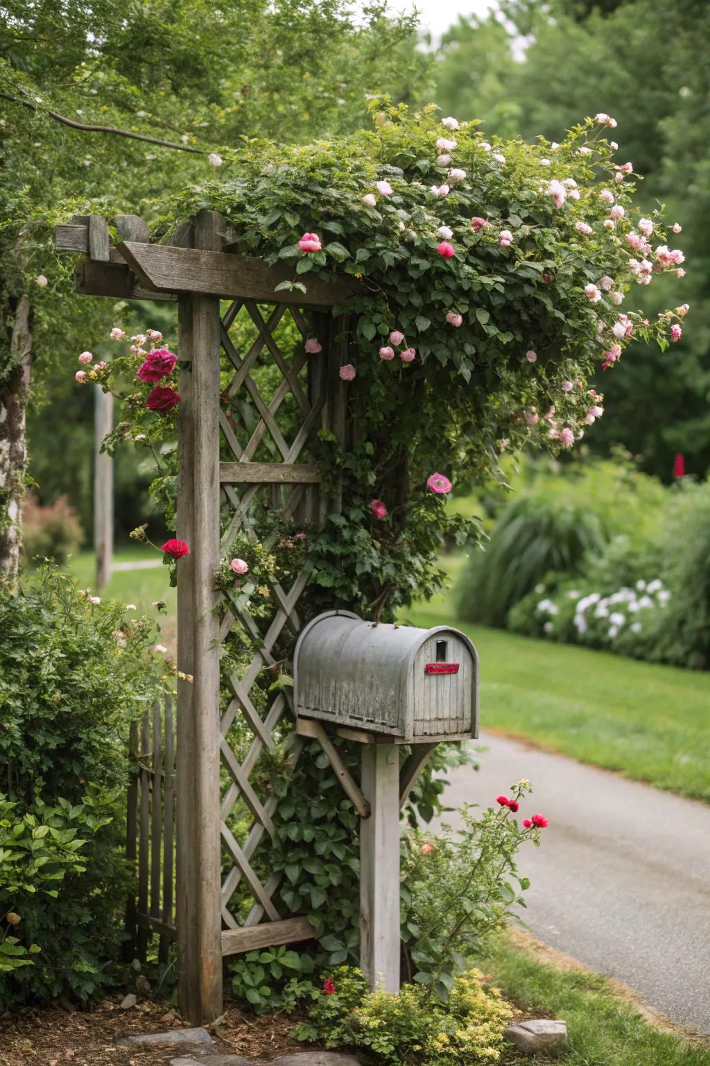 A trellis mailbox combines utility with vibrant botanical life.