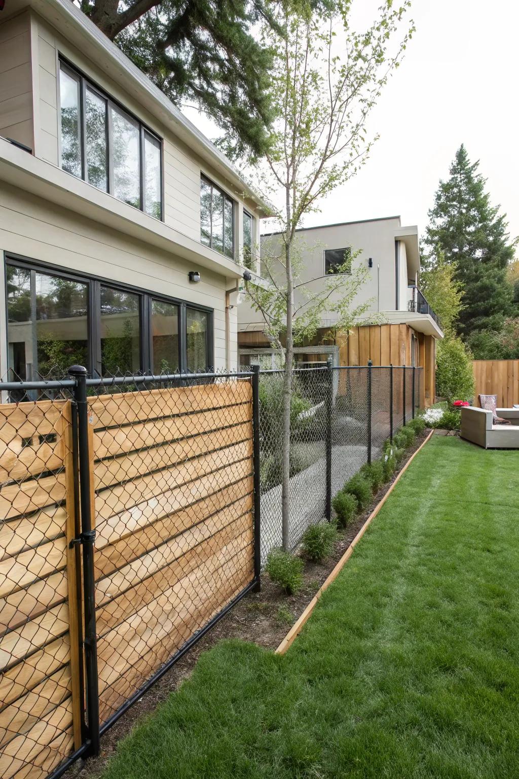 Horizontal wood and link netting for a refined, sophisticated fence design.