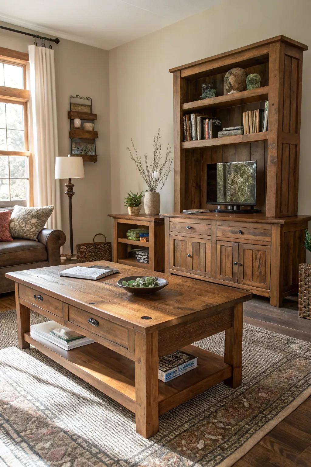 Lumber materials impart country allure and warmth.