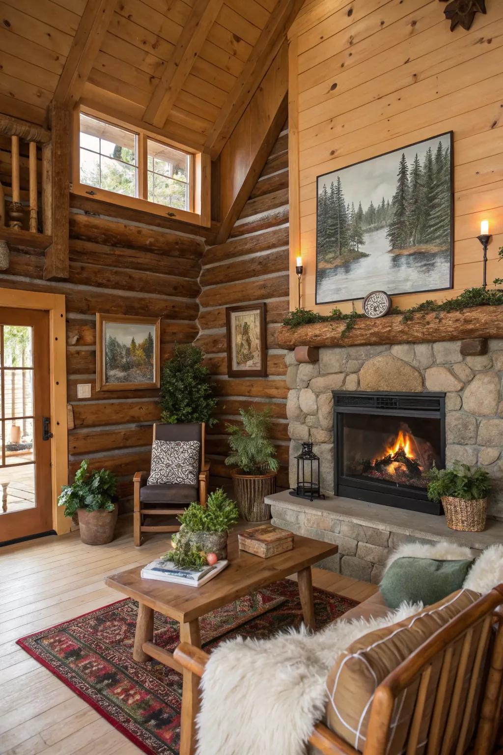 Rustic decor elements add character and charm to the log cabin.