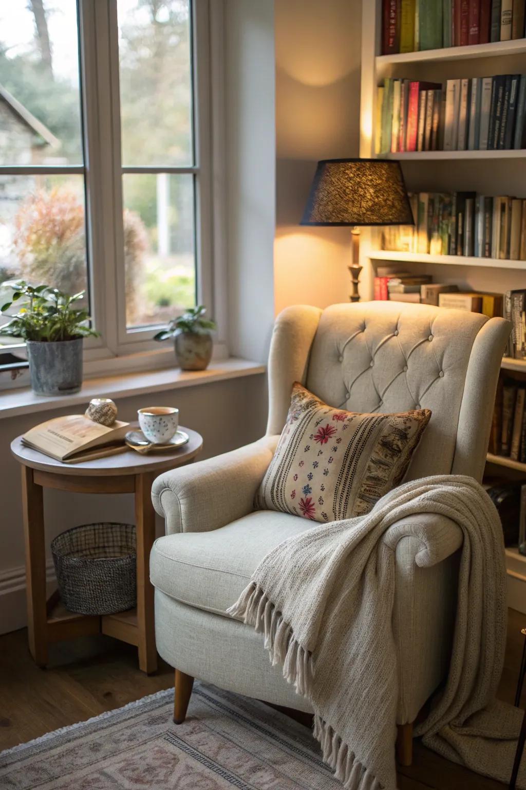 A convenient side table is ideal for keeping reading materials close at hand.