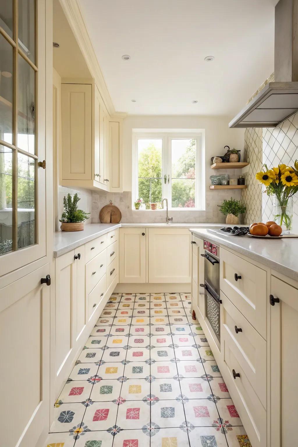 Patterned floors add a playful touch to any kitchen.
