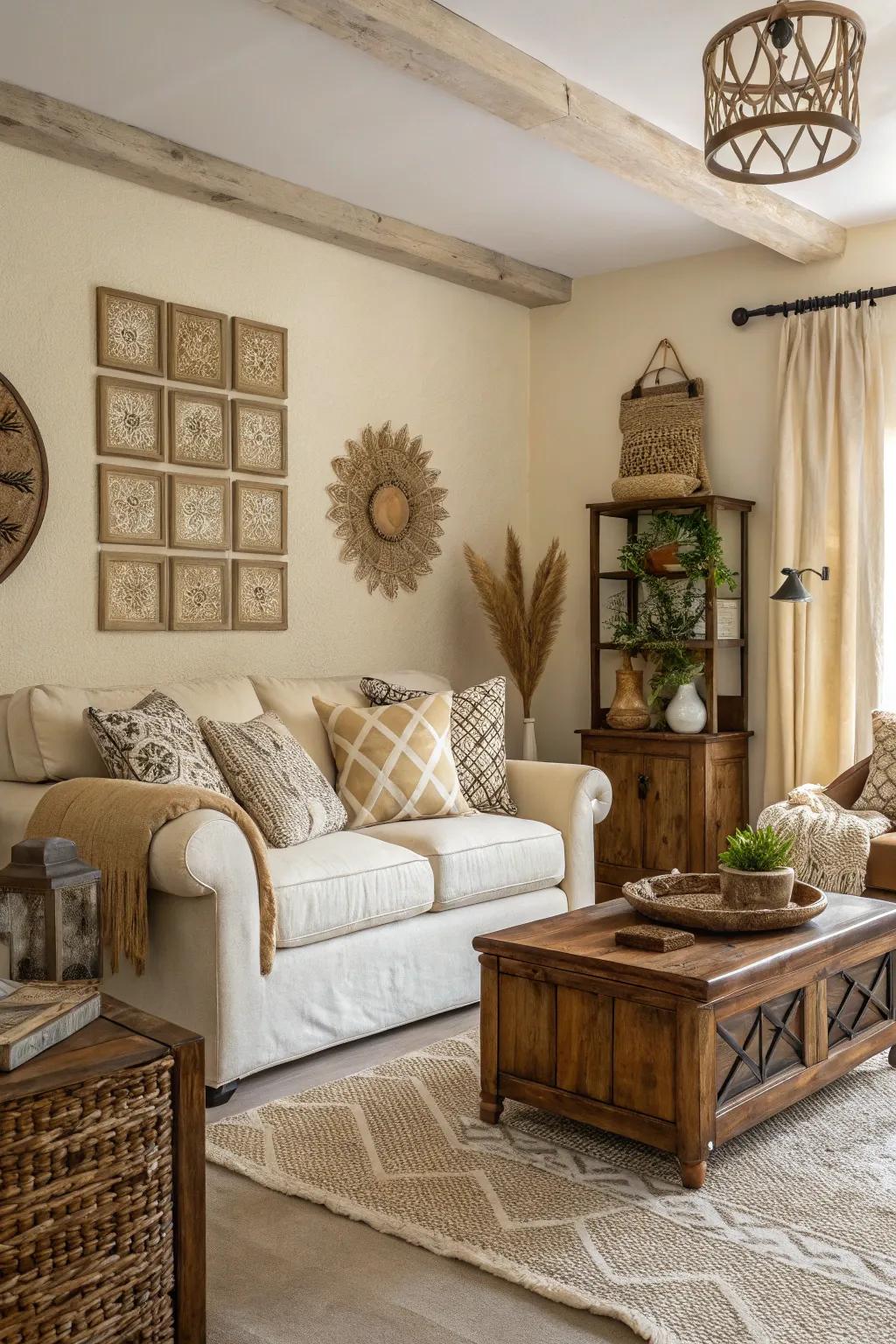 Layering adds richness to a cream-themed space.