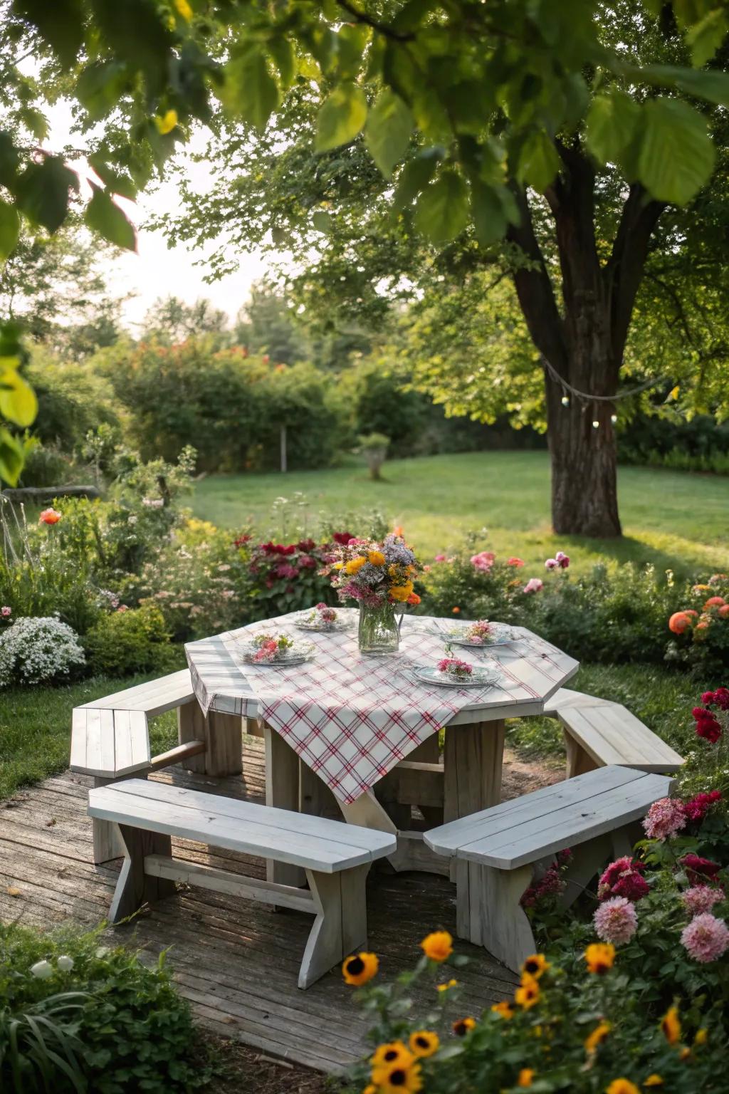 An octagon picnic table, offering a unique and spacious seating arrangement.