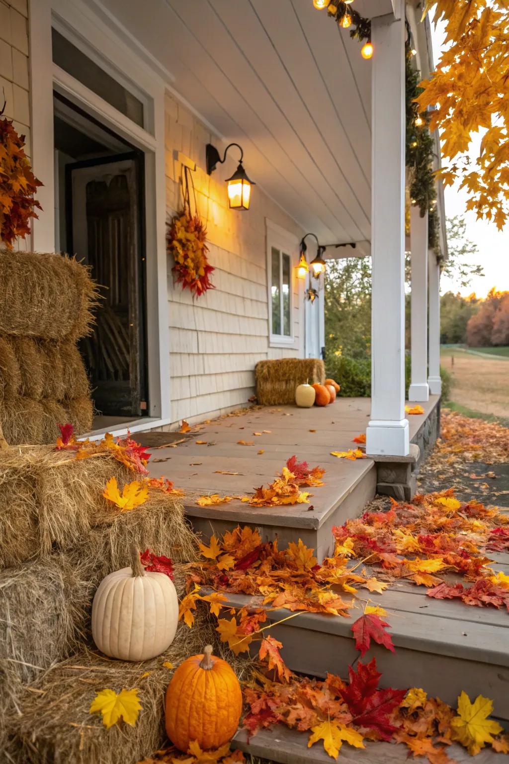 Autumn leaves and hay bales provide seasonal charm.