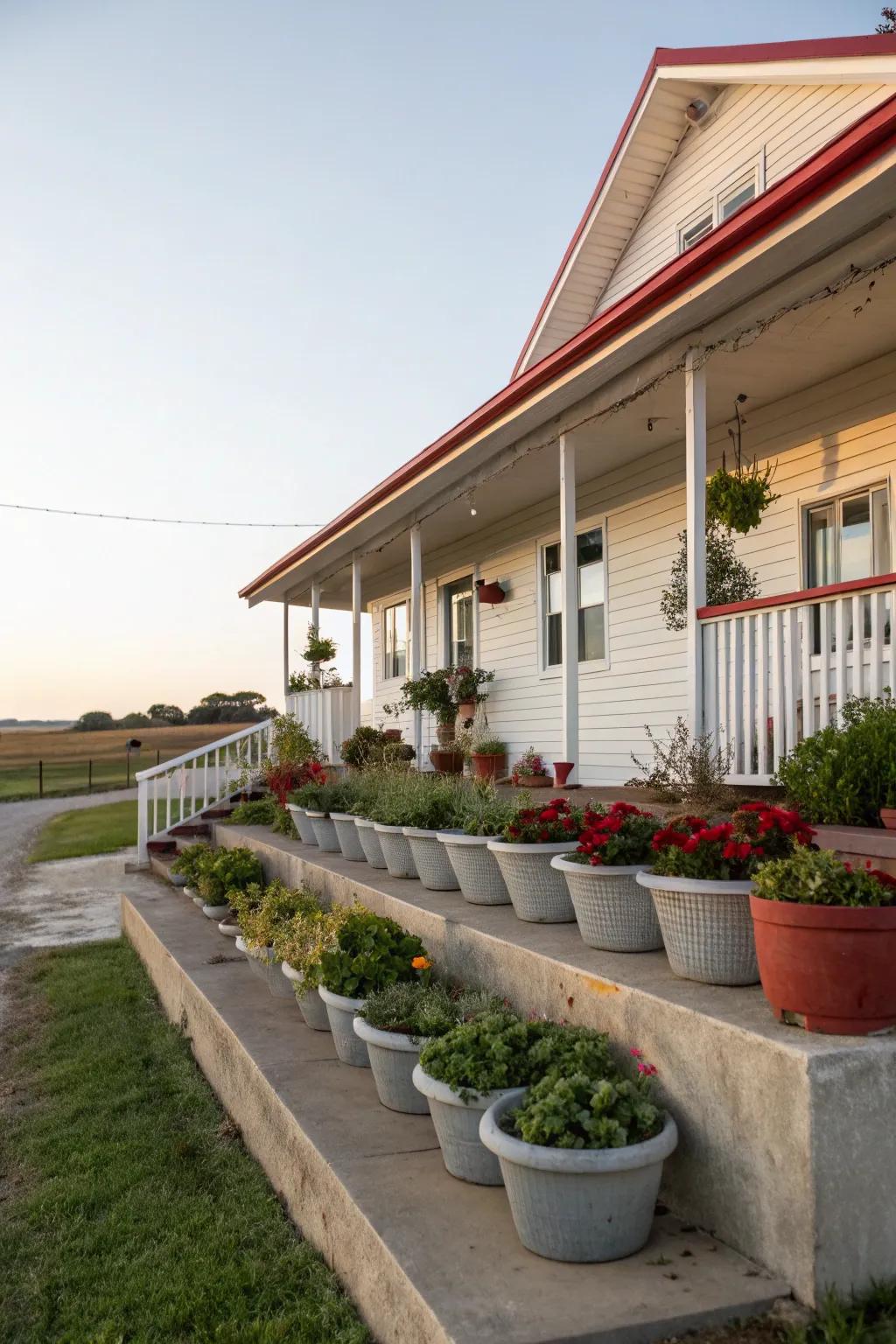 Tiered planters create height and visual layers.