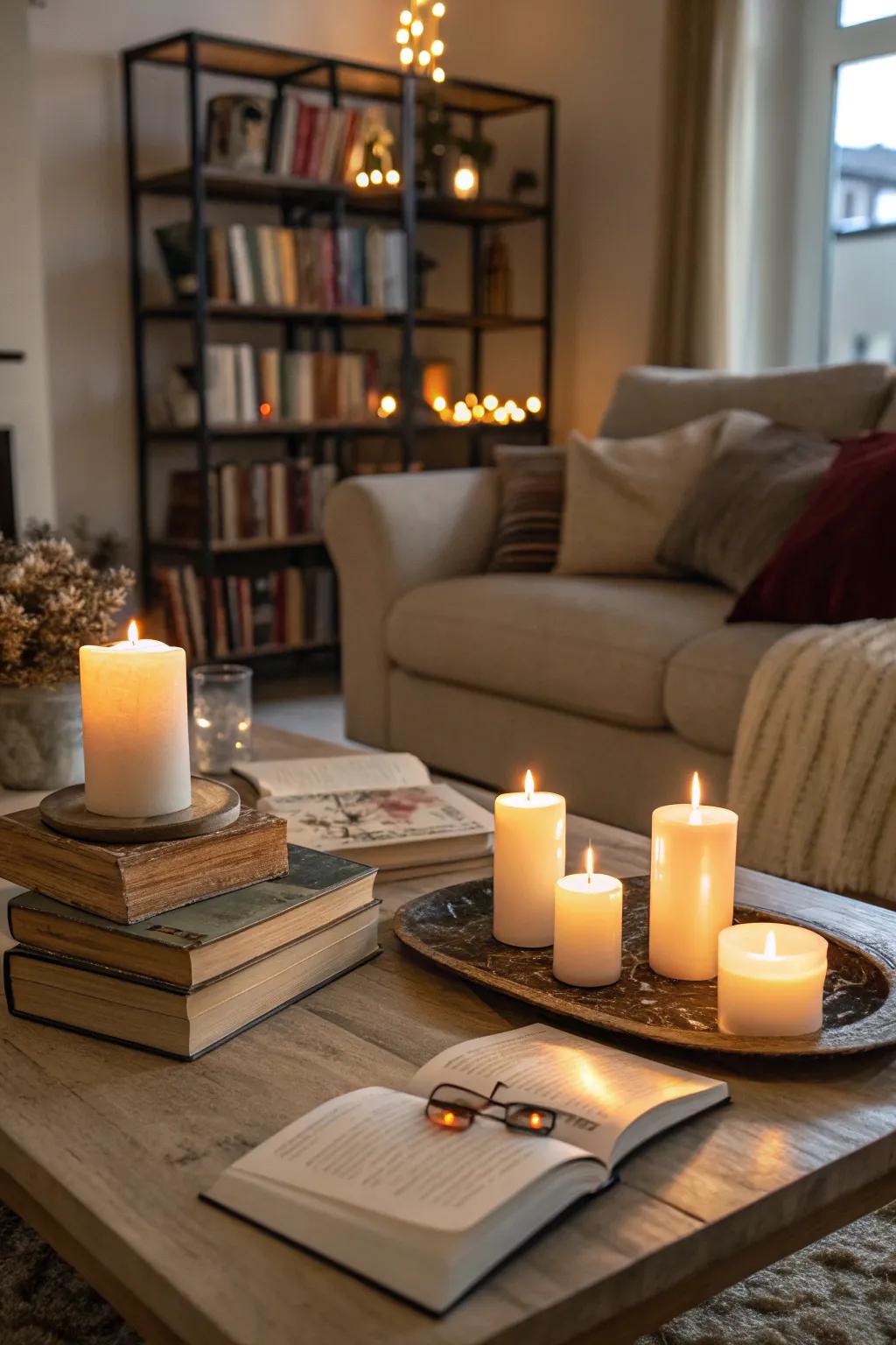 Cozy accents like candles and books create a snug retreat.
