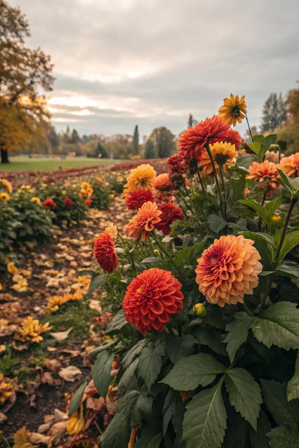 Seasonal harmony with autumn-hued dahlias.
