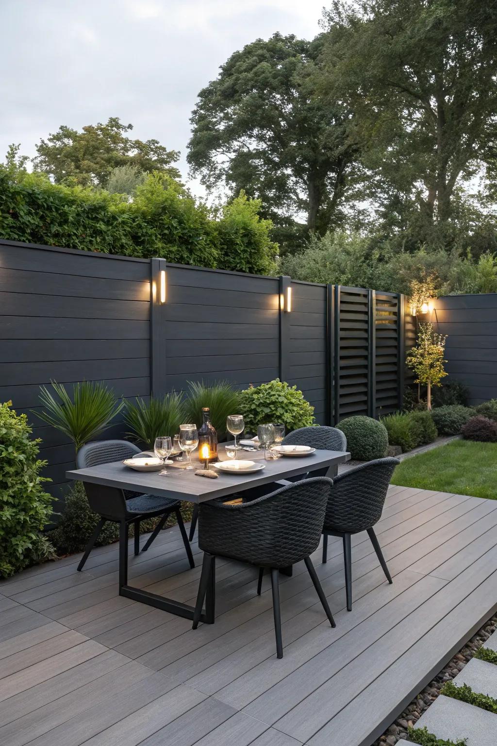 A modern terrace with a deep charcoal boundary and matching decking for outdoor dining.