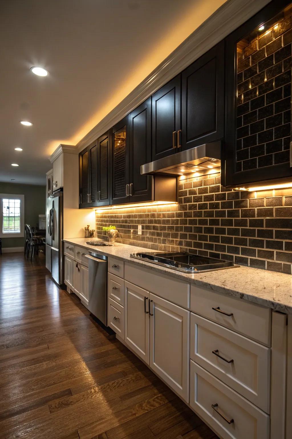 A kitchen with strategic under-cabinet lighting showcases the beauty of a dark backsplash.