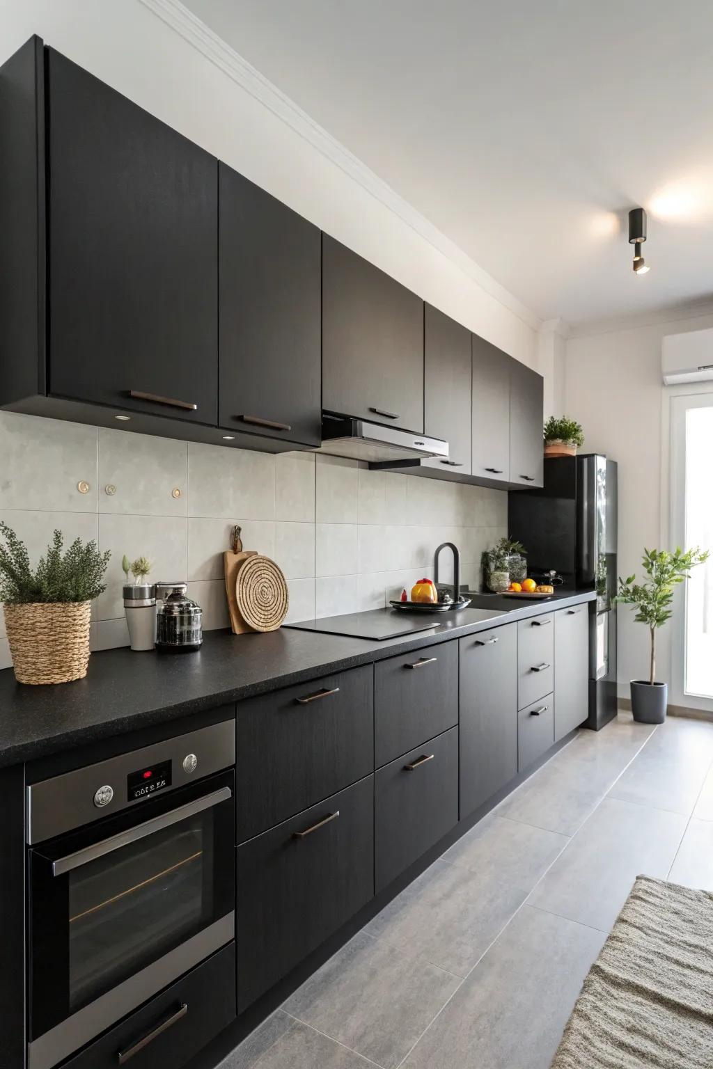 Minimalist décor highlights the sophistication of a shadowy kitchen.