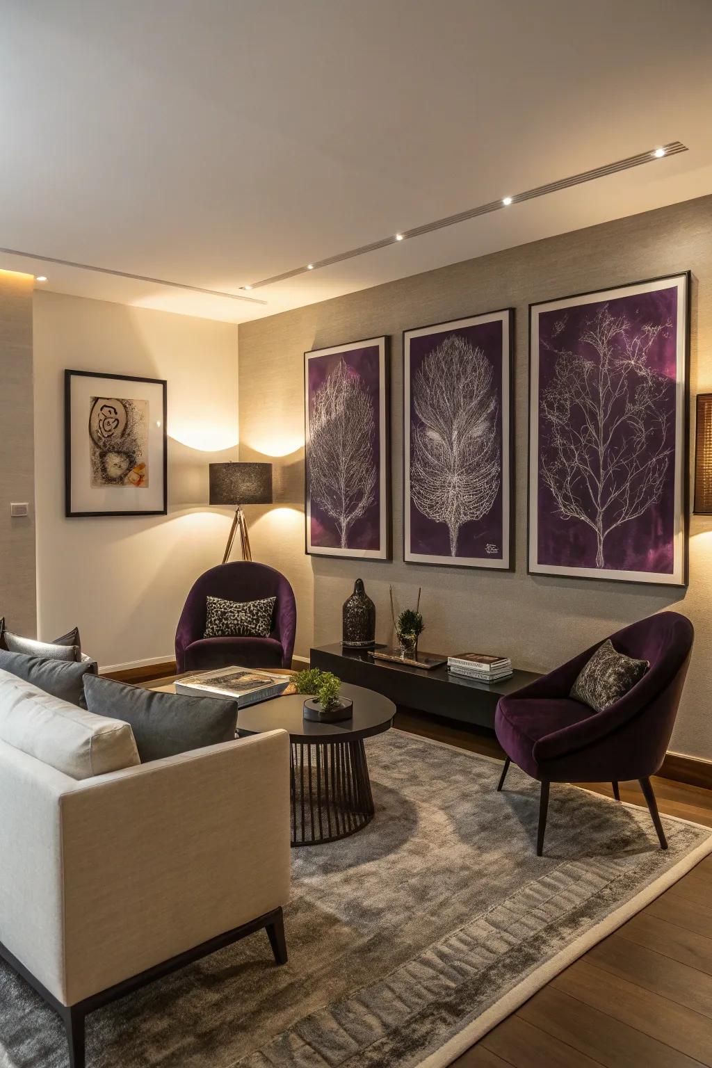 Purple artwork adds a pop of color and intrigue to this modern living room.