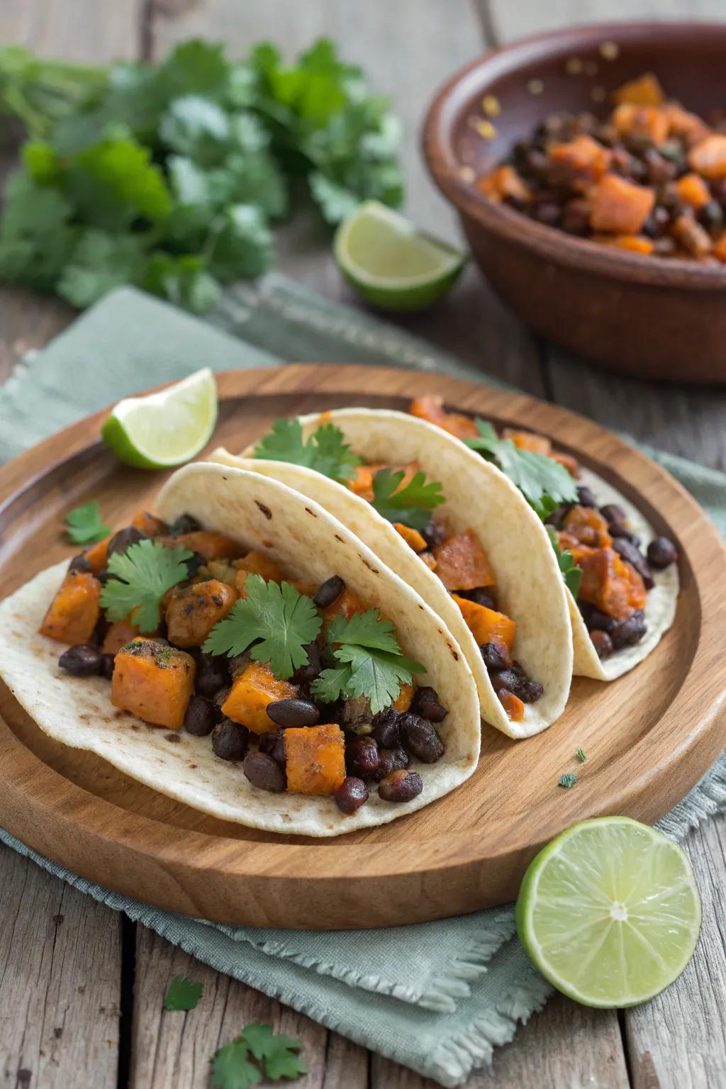 Hearty and satisfying sweet potato and black bean tacos.