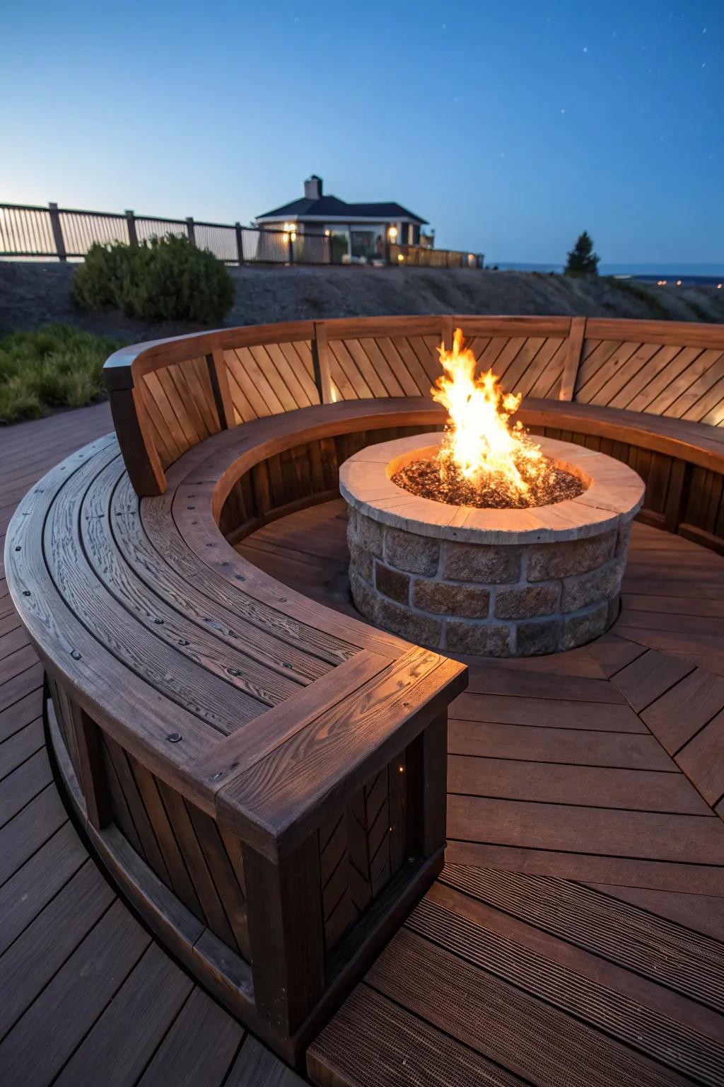 Gather in style: Experience the perfect blend of warmth and craftsmanship with our bespoke semi-circular deck benches.
