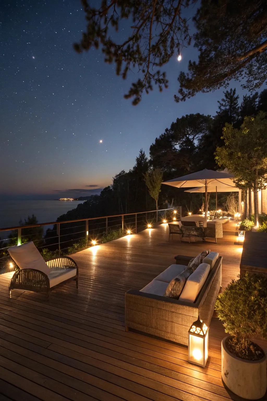 A deck that comes alive with strategic lighting for evening enjoyment.