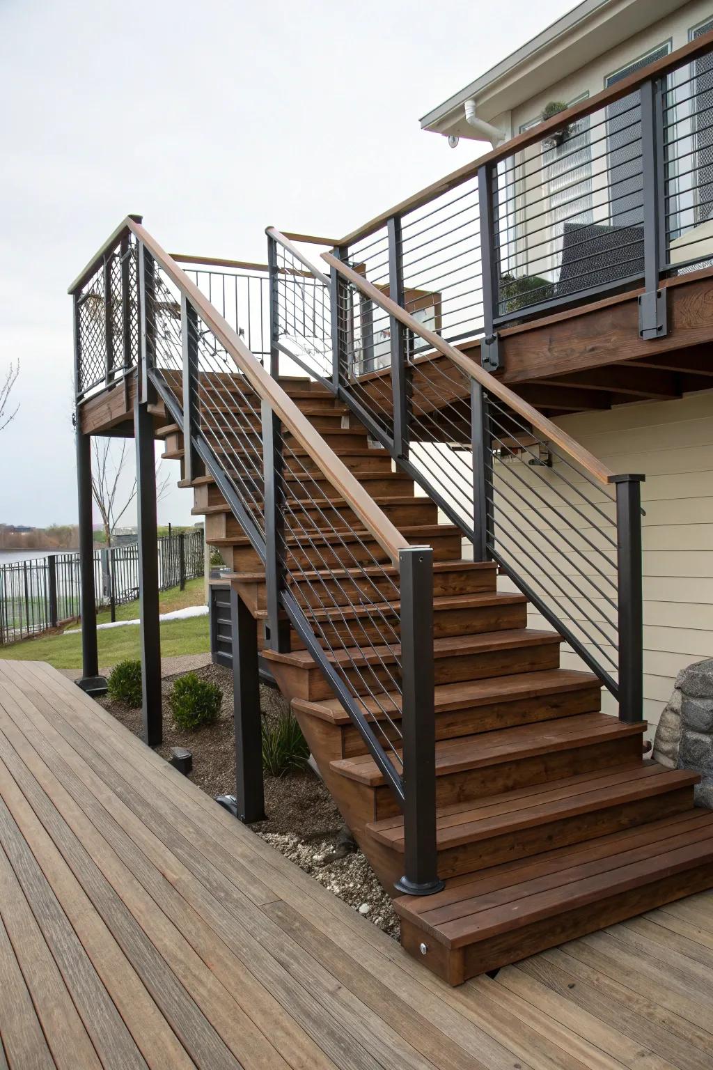 Deck stairs combining modern railings with classic wood steps.