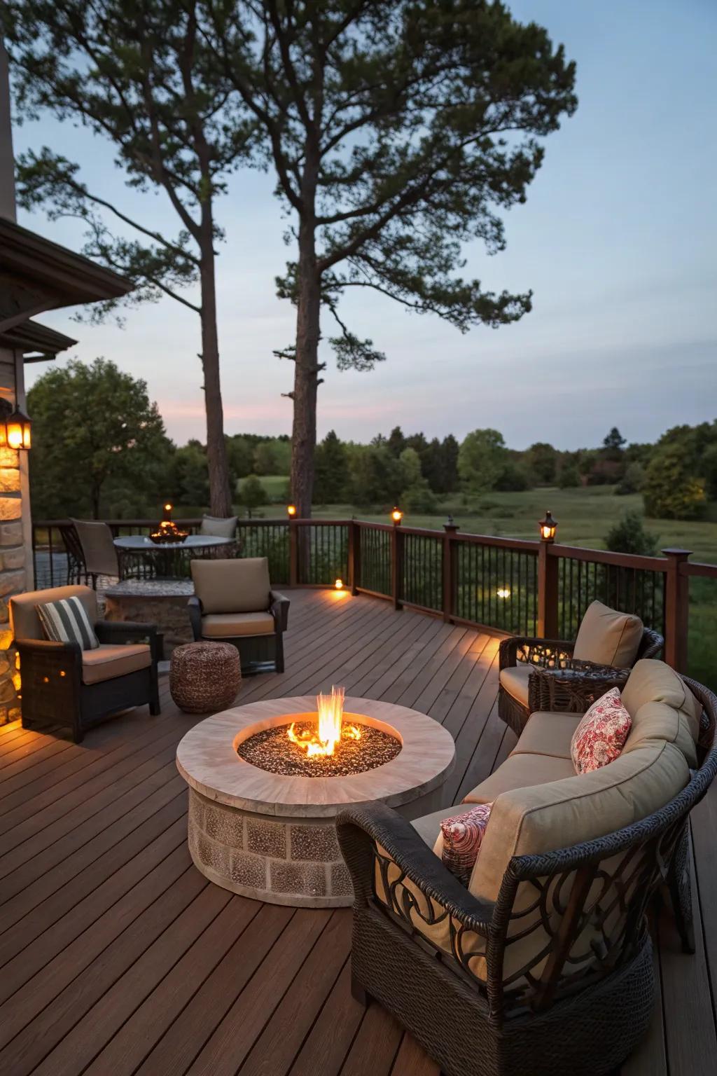 A central fire pit transforms this patio into a welcoming and inviting gathering spot.