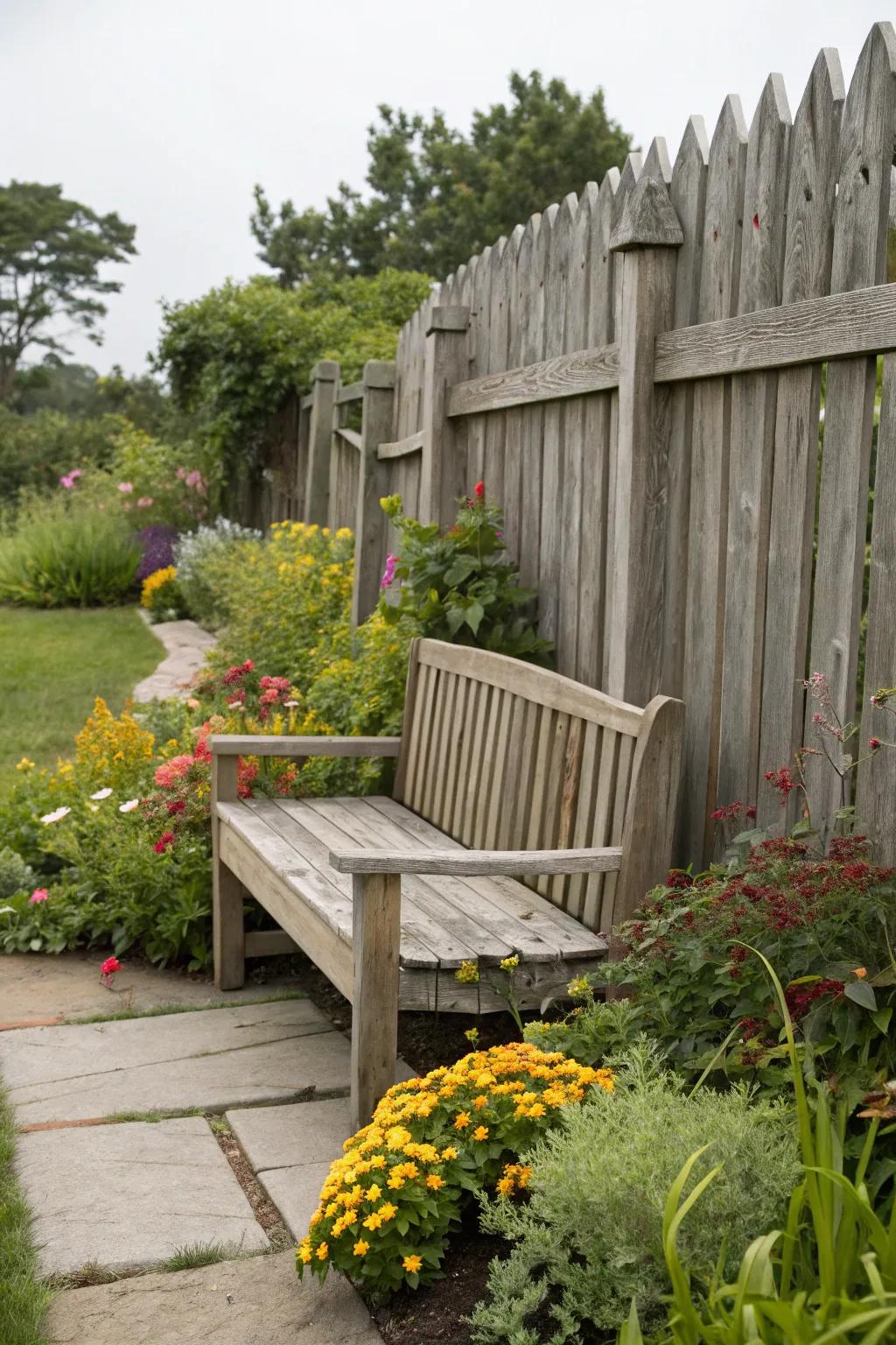 An inset seat extends solace and flair in garden milieus.