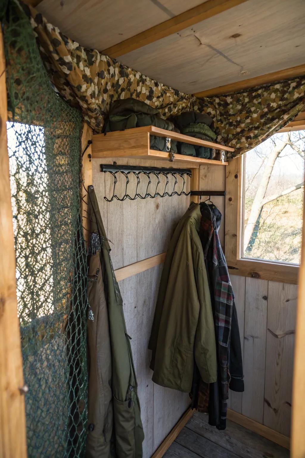 Pegs maintain gear arranged and accessible, maximizing area efficiency.