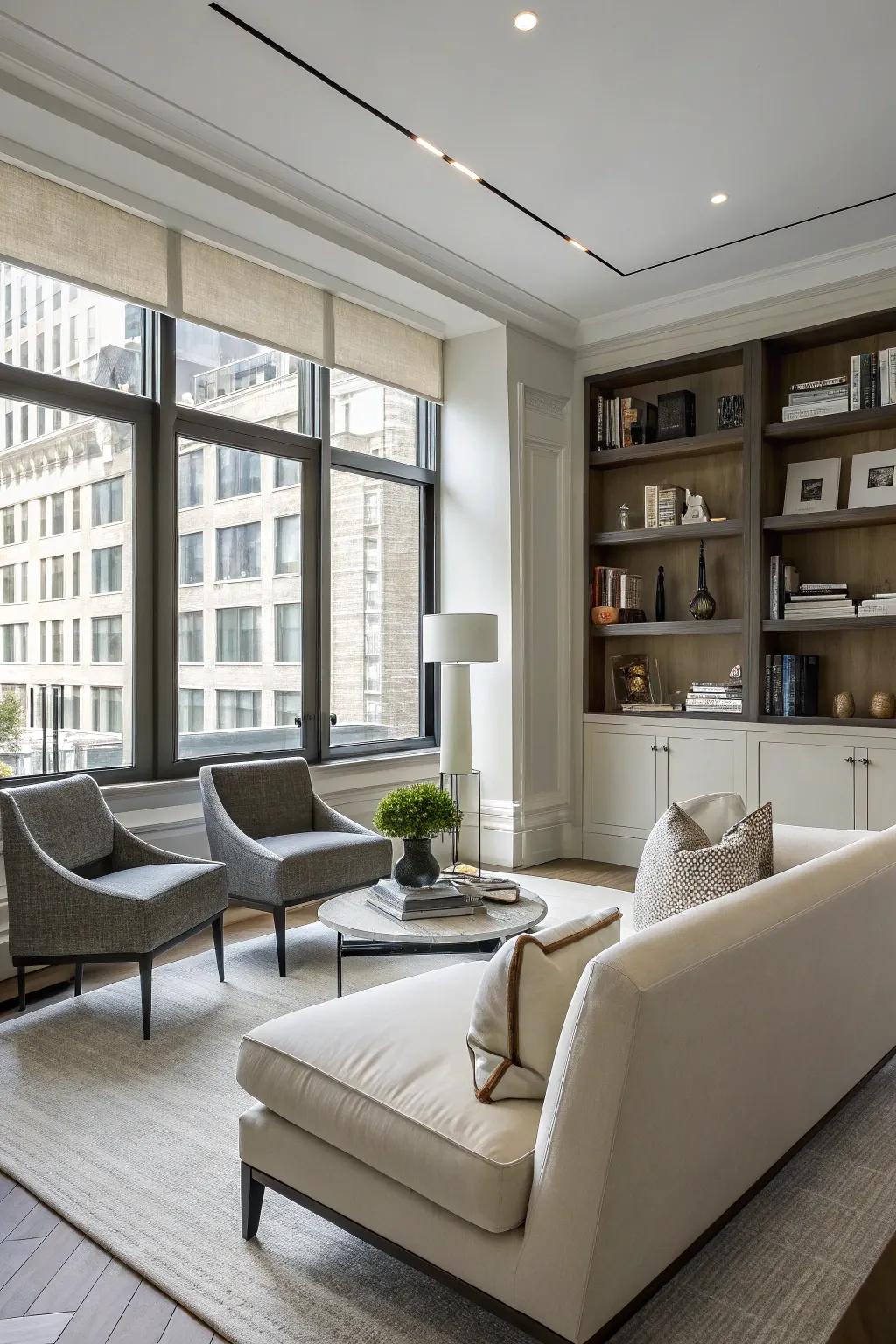 A modern den with current design highlights.