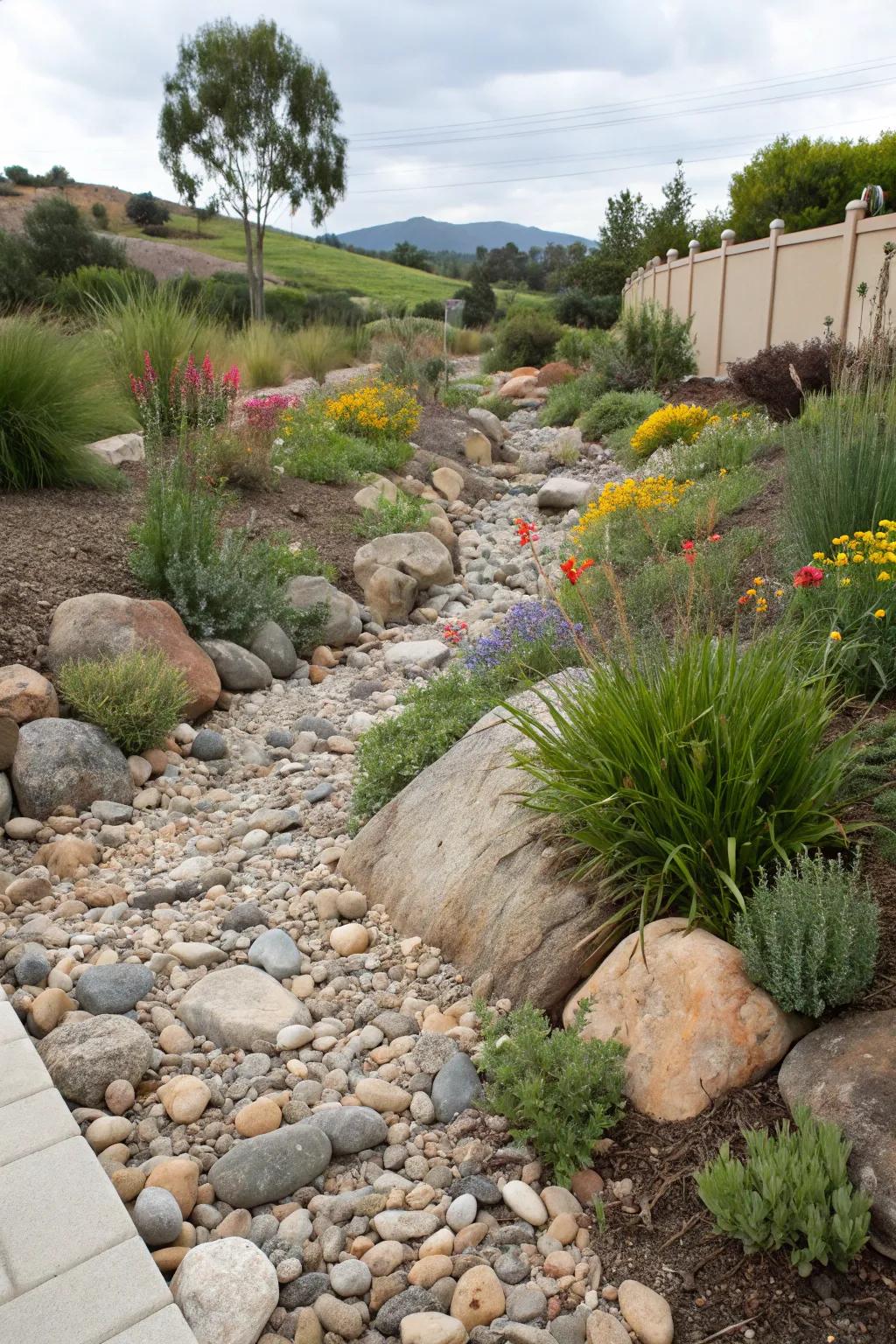 A parched waterway feature that contributes both texture and utilitarianism to the landscape.