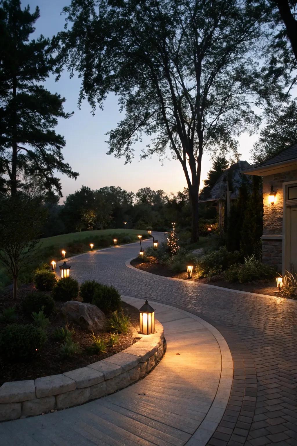 Twinkling lights guide the way, casting a warm glow on this charming driveway.