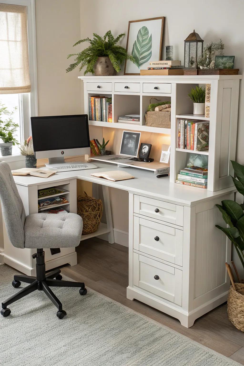 L-shaped desks help maximize space and functionality.