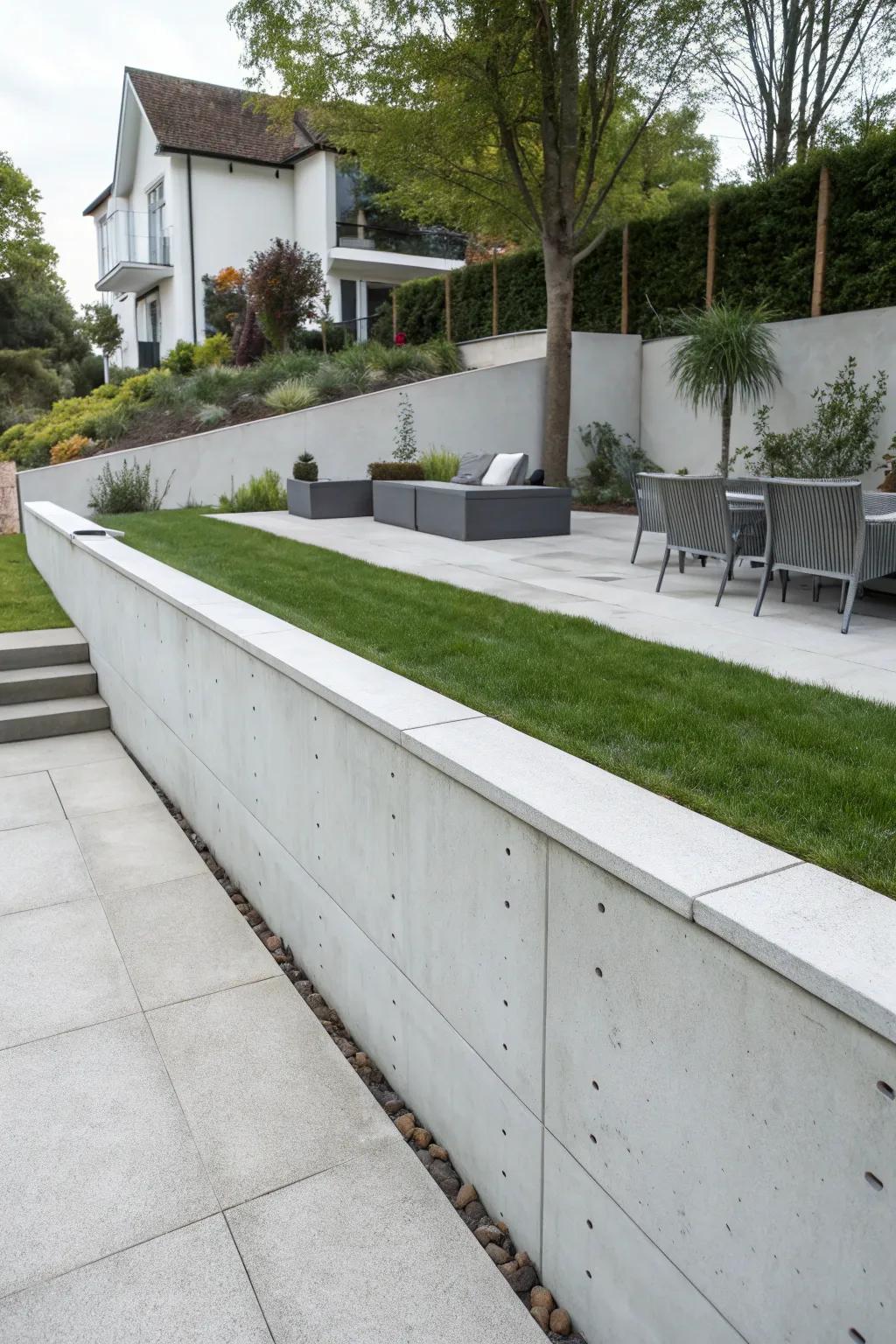 Concrete walls offer a modern touch to gardens.