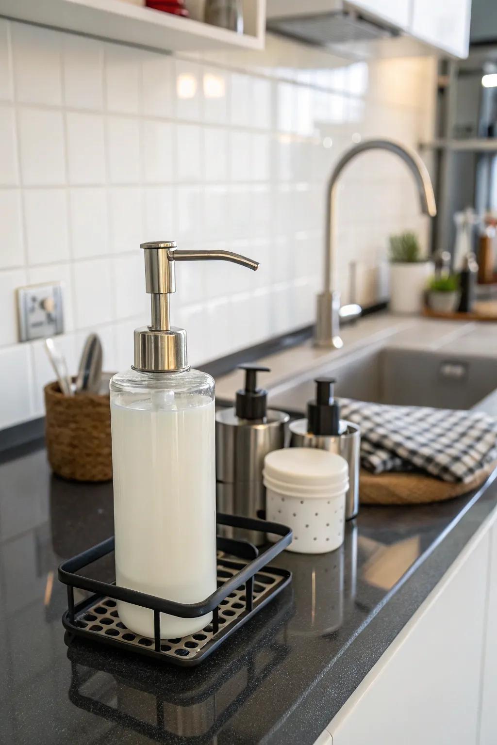 Modern metal pumps add industrial flair.