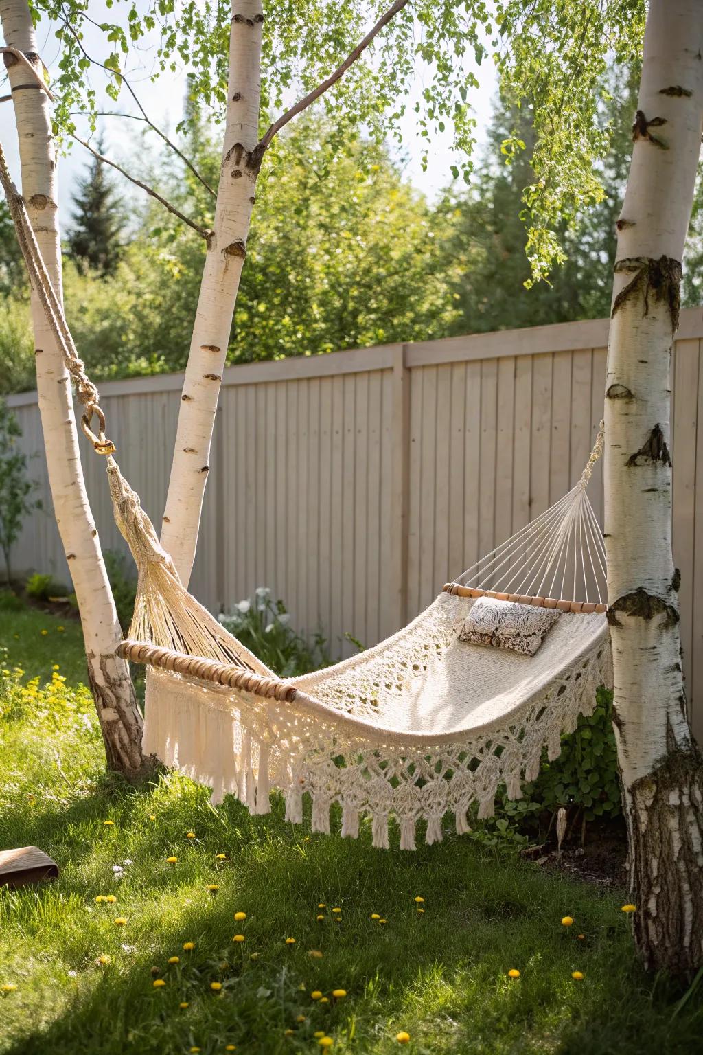 Find your serene escape with a cozy backyard hammock, the perfect blend of Boho charm and Scandinavian simplicity.