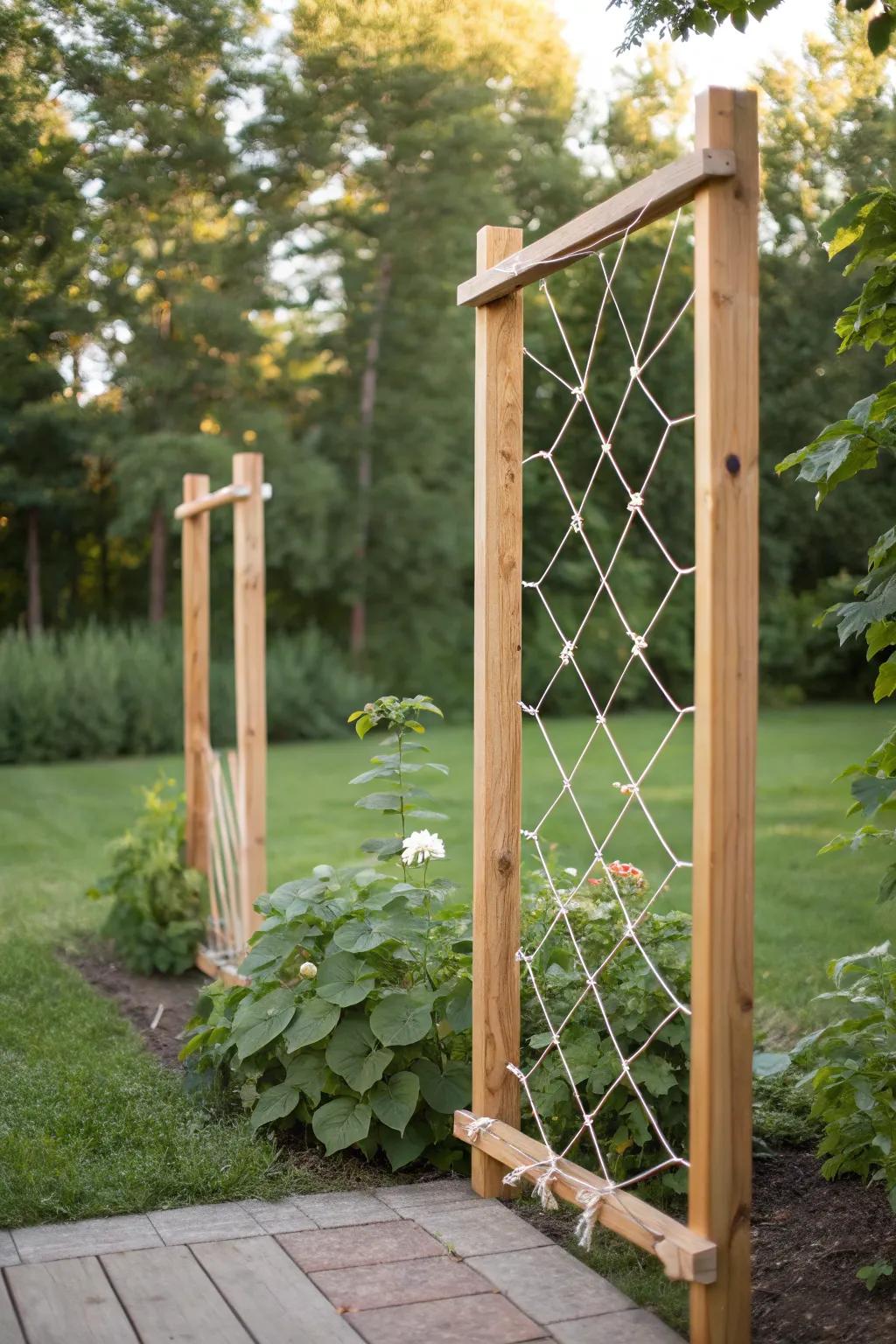 Elevate your garden with minimalist elegance: a DIY cantaloupe trellis using twine and sturdy poles.