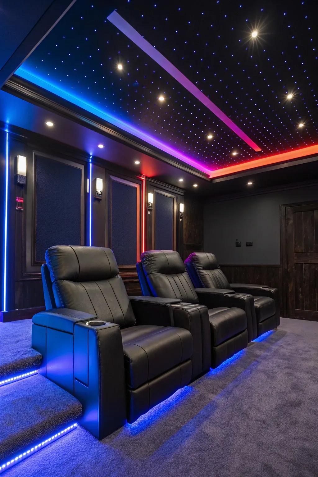 Transform your home theater into a futuristic escape with bold accent lighting.