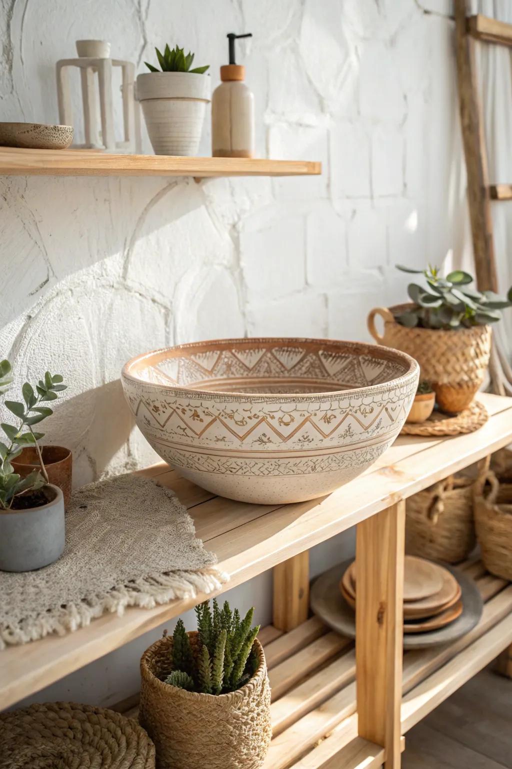 Elevate your kitchen space with statement pieces that tell a story. This handmade pottery bowl brings warmth and character to minimalist open shelving.