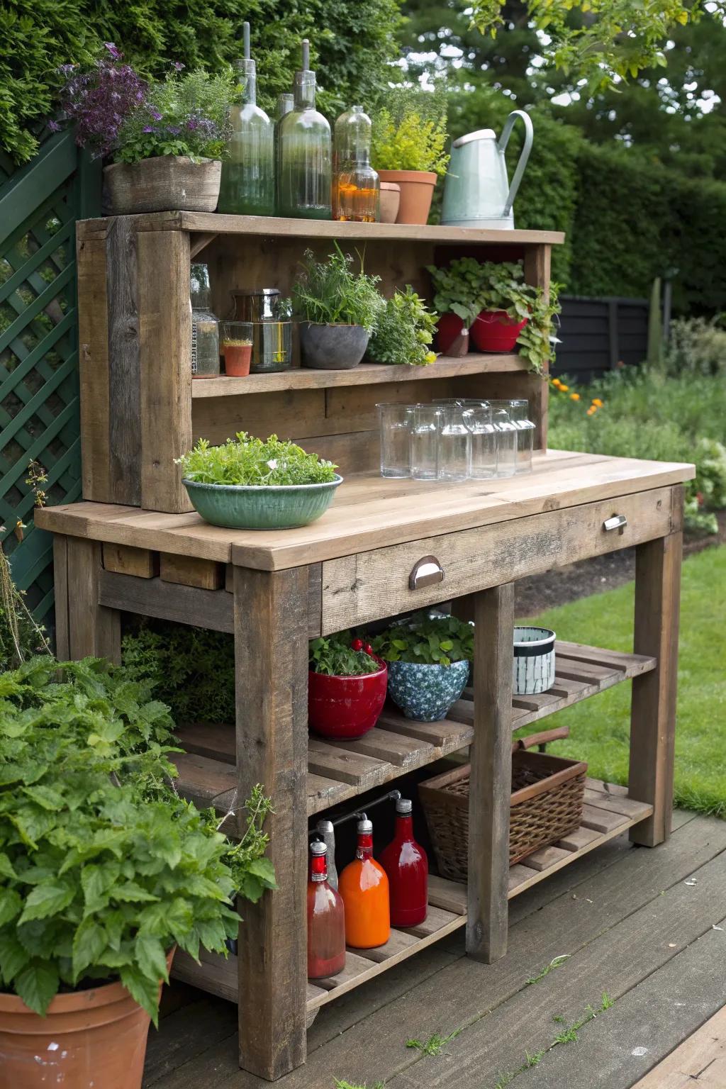 Elevate your garden gatherings with a charming potting bench bar, where rustic meets refined.