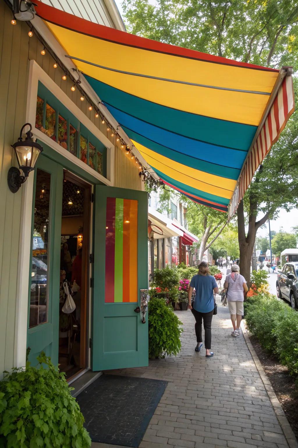 A colorful fabric awning over a lively front door.