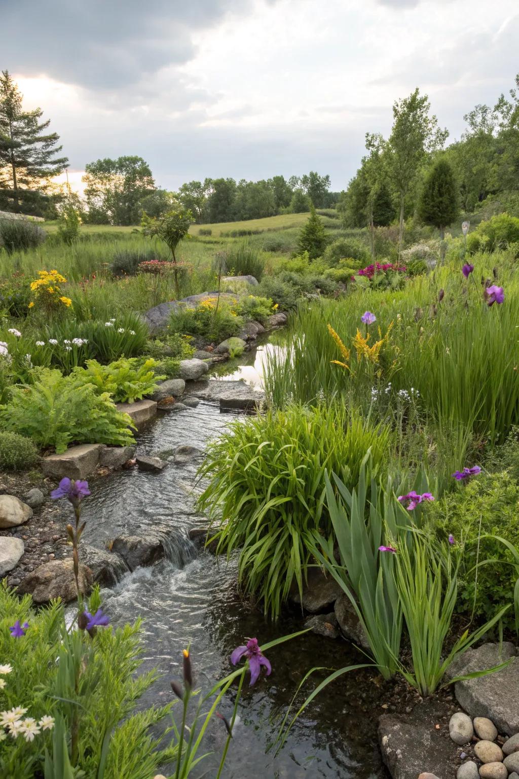 A rain garden in a swale adds beauty and biodiversity.