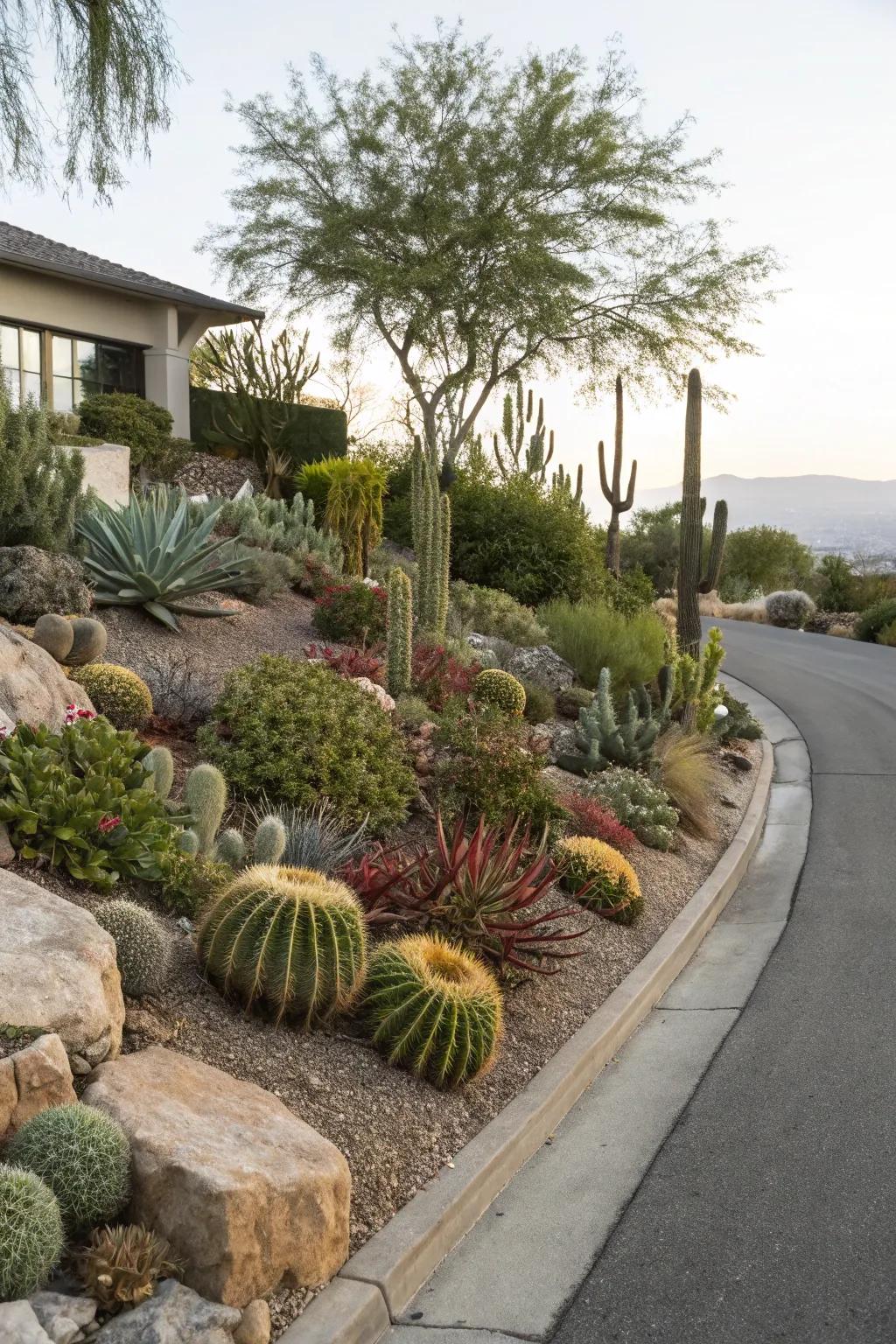 Cacti and succulents impart a singular touch to the berm.