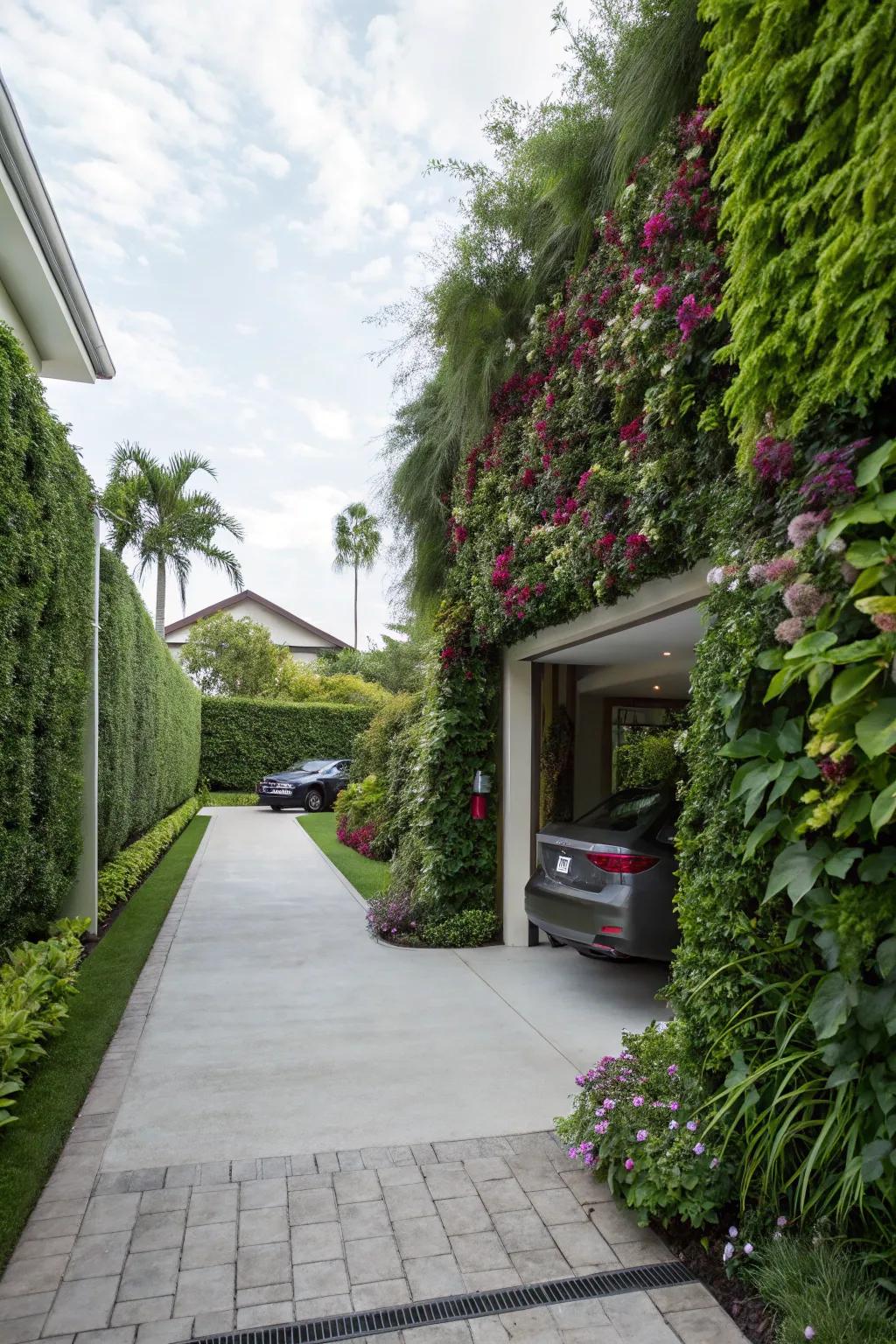 Space-efficient sky-high garden walls bordering the driveway.