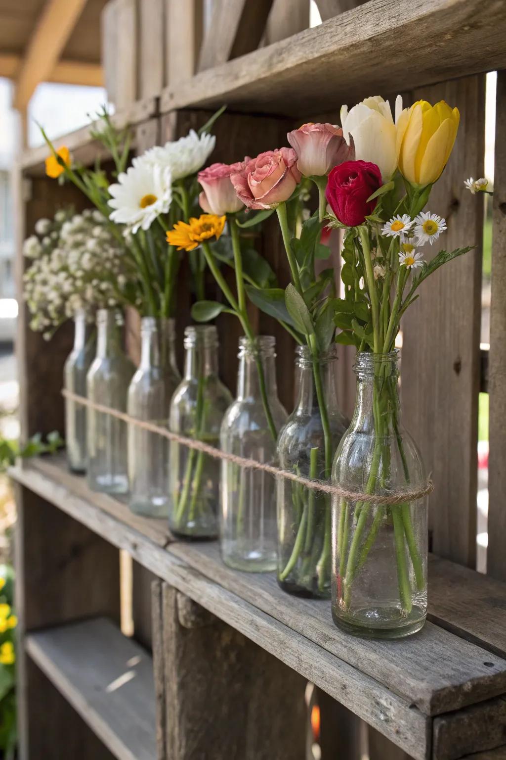 Vintage bottles provide a nostalgic touch to flower arrangements.
