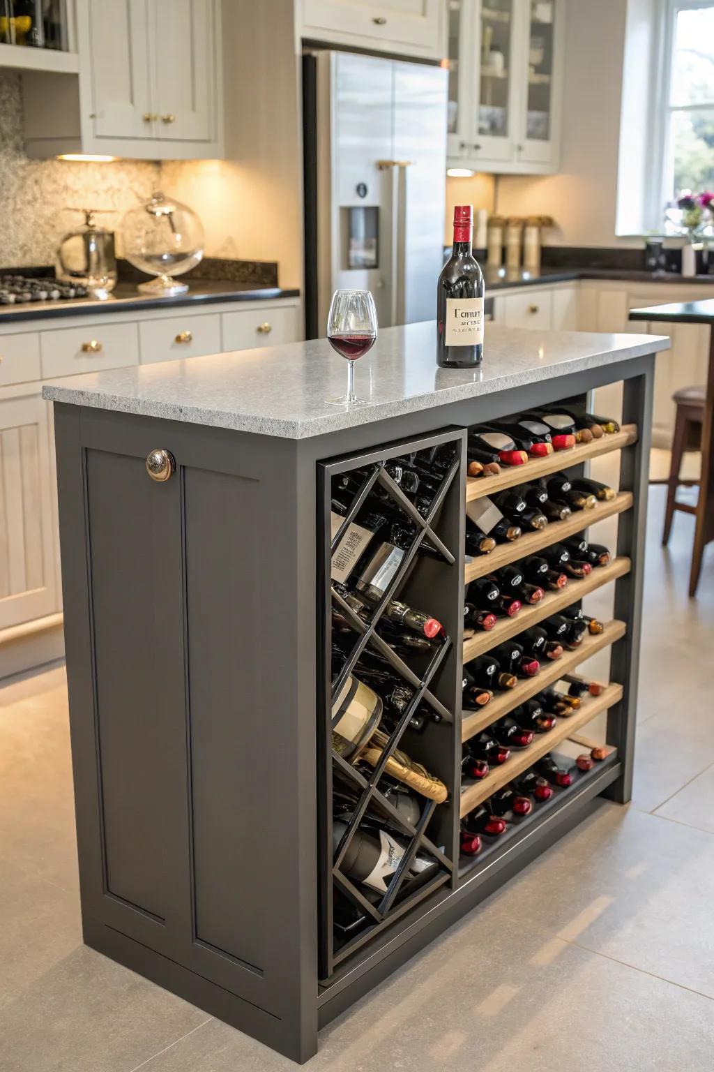 An island with built-in wine storage for convenient access.