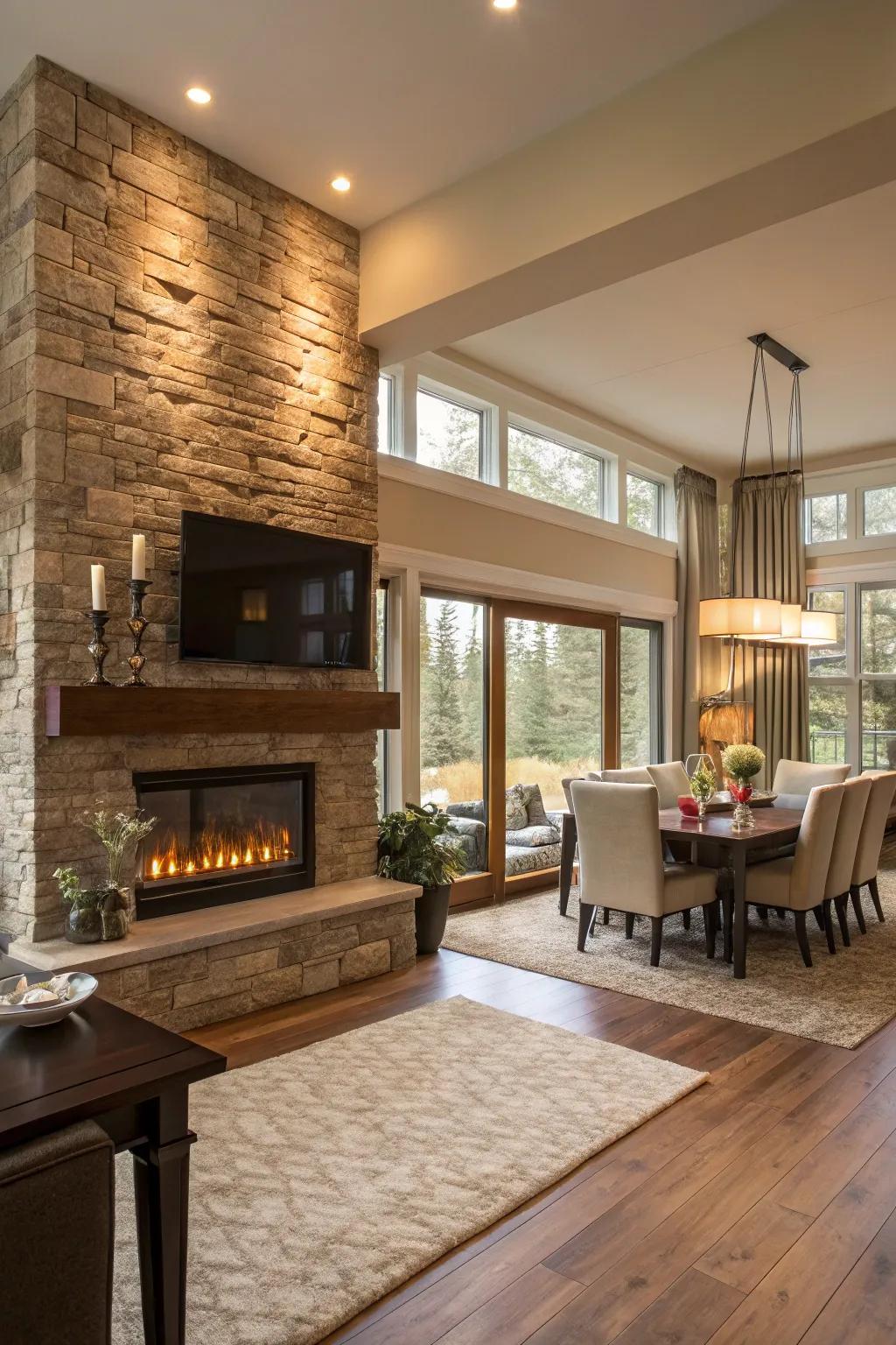 An open-plan living area with an electric fireplace as a divider