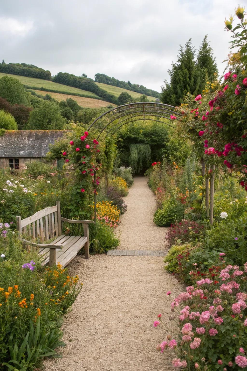 Charming walkways encourage exploration throughout the garden.